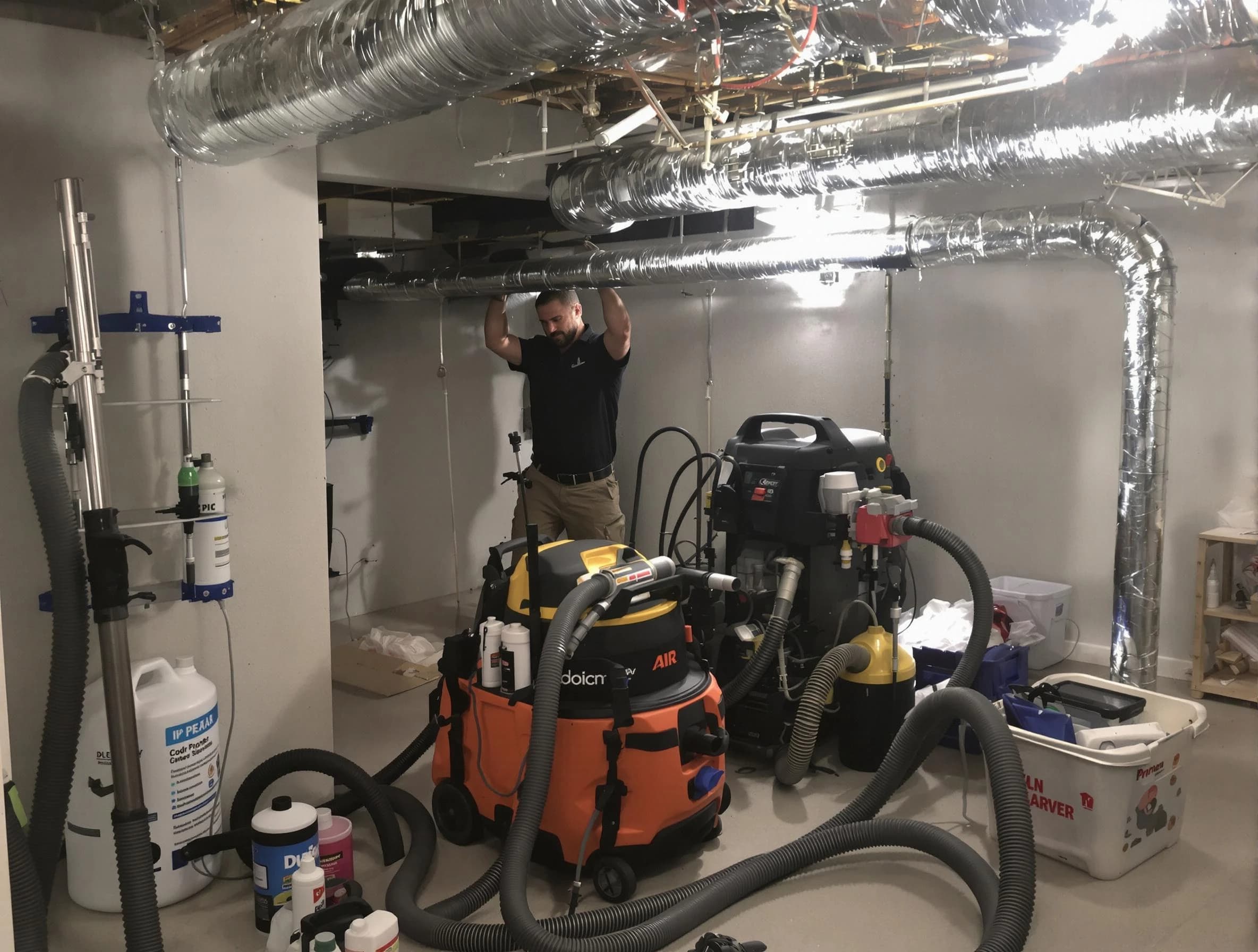 Stone Mountain Air Duct Cleaning specialist performing professional mold removal from air ducts using safety equipment in Stone Mountain