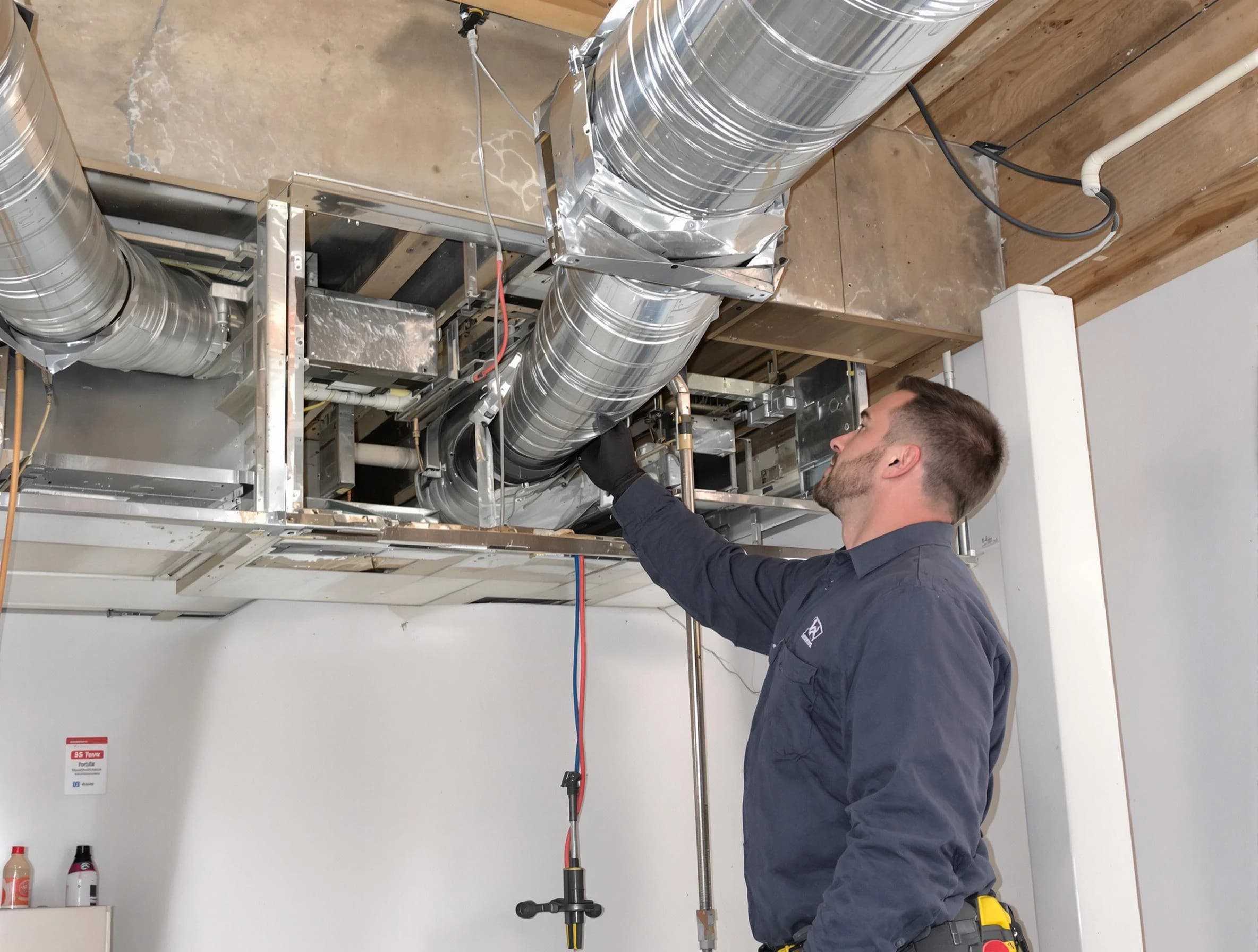 Stone Mountain Air Duct Cleaning technician performing professional air duct repair using specialized tools in Stone Mountain